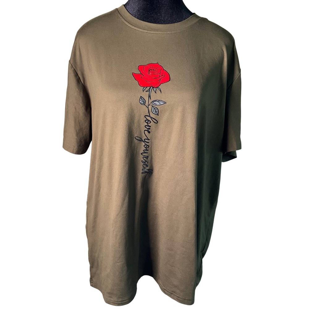 Olive Army Green Love Yourself Rose Graphic T-Shirt XL Short Slv. Tee Boho Indie